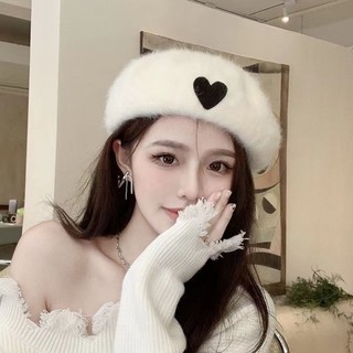 Congee Coco Thỏ Lông Mũ Mùa Đông Nữ Tình Yêu Thêu Beret Nữ Trắng Sang Trọng Sang Trọng Mũ Họa Sĩ 10.27