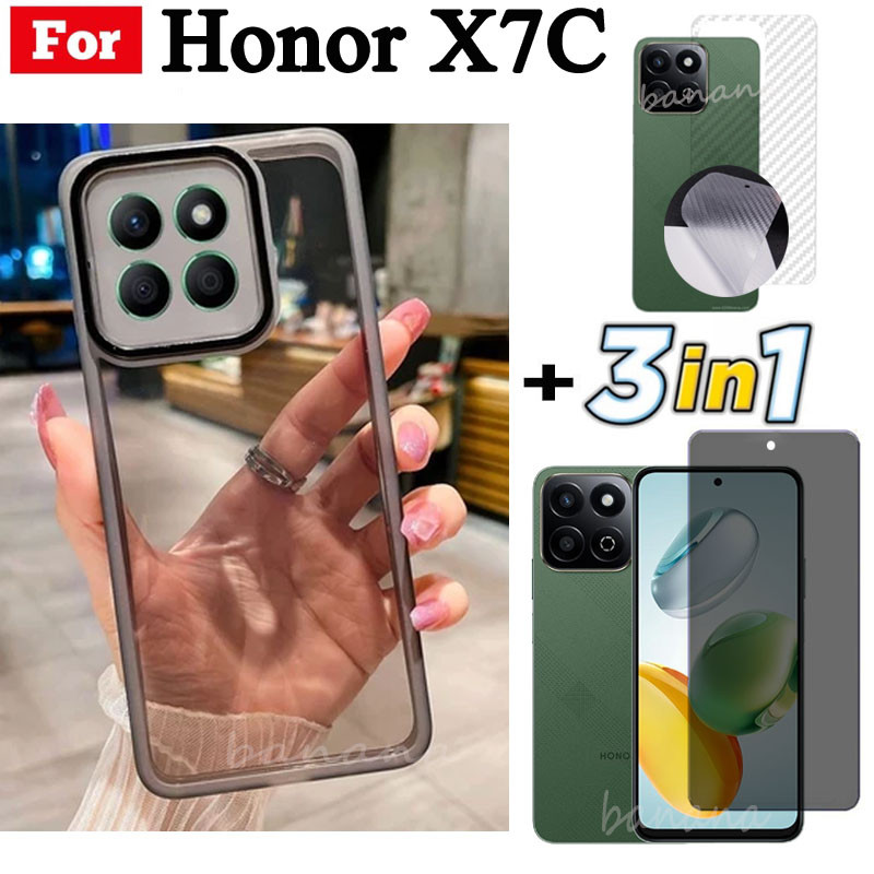 3 trong 1 Honor X7C X7B X7A X8A X8B X6A X6B TPU Mềm Silicon Trong Suốt Vỏ Điện Thoại Có Phim Bảo Vệ Camera + Kính Cường Lực Riêng Tư + Phim Mặt Sau