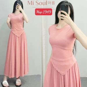 Set Váy Vạt Nhọn Cổ Tròn, Áo Ngắn Tay Kèm Chân Váy Xòe (thun tăm) Women Nữ Nhung