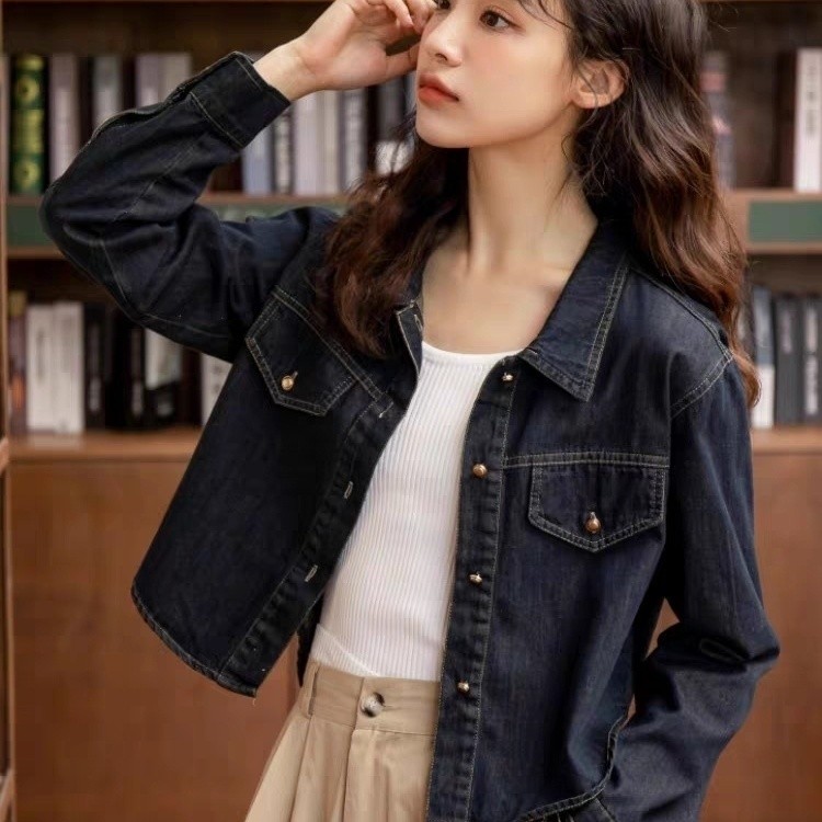 Dài Tay.Thông Thường Nhỏ Phong Cách Hồng Kông Áo Sơ Mi Ngắn Niche Denim Áo Khoác Retro Sang Trọng Nữ