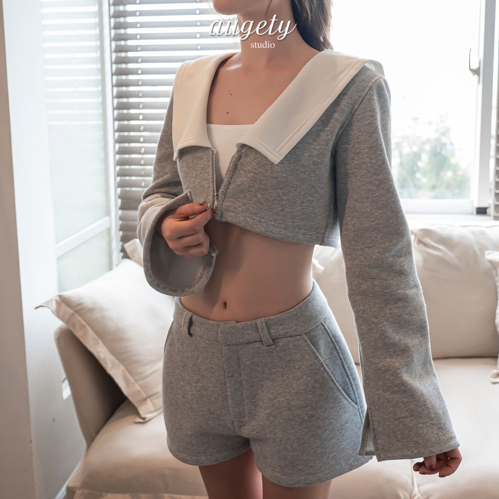 Áo Khoác Nỉ Tay Dài Form Croptop Vạt Cổ Bản To Augety Studio, NICO CROPPED Sweat Jacket