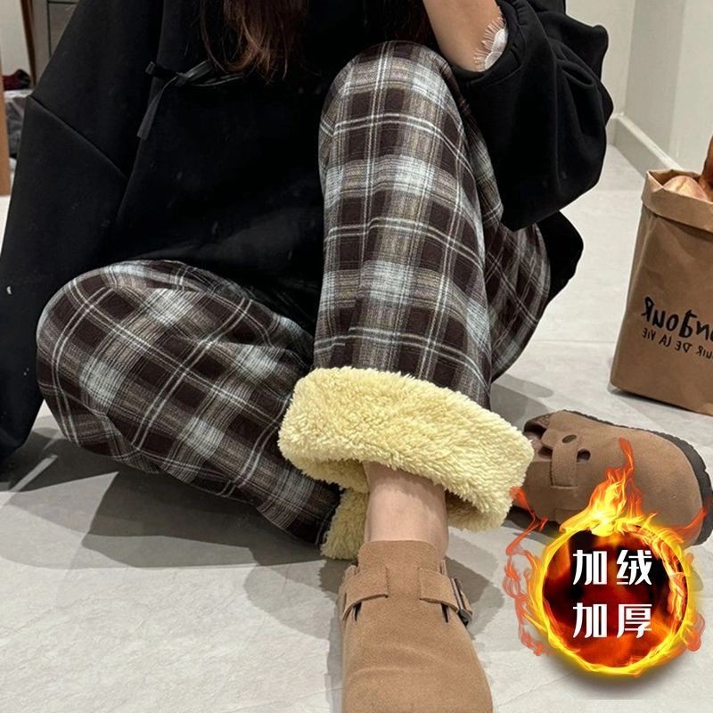 Quần kẻ sọc lông cừu quần giáng sinh màu đỏ cho trẻ em quần dài thường ngày rộng rãi cạp cao phong cách mùa đông năm mới