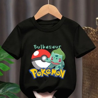 Dòng Pokemon hoạt hình màu đen nguyên chất Áo thun Pikachu in hình thời trang quần áo ngắn tay hàng ngày dành cho trẻ em