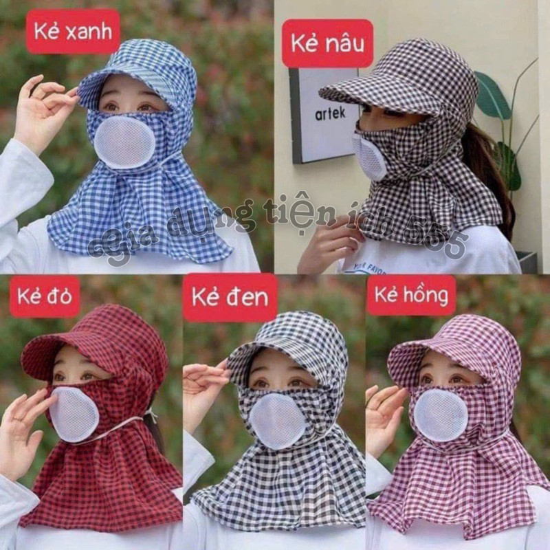 -(TUYỂN SỈ)Mũ Chống Nắng , Mũ Hoạ Tiết Caro Kèm Khăn Che Kín Mặt Chống Tia UV, Có Lỗ Thông Hơi