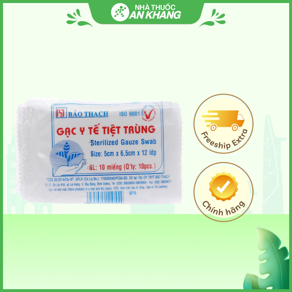 Gạc y tế Bảo Thạch 5cm x 6,5cm x 12 lớp giúp làm sạch vết thương (Gói 10 miếng)