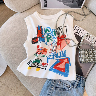Thiết Kế Không Tay Mùa Hè ins Áo Vest Giảm Tuổi Hình Chữ I Tay Ngắn Graffiti Top Niche Xám Nữ Phù Hợp Với