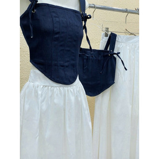 Set áo 2 dây denim corset cột dây chiết eo phối chân váy maxi dáng dài _SEP House
