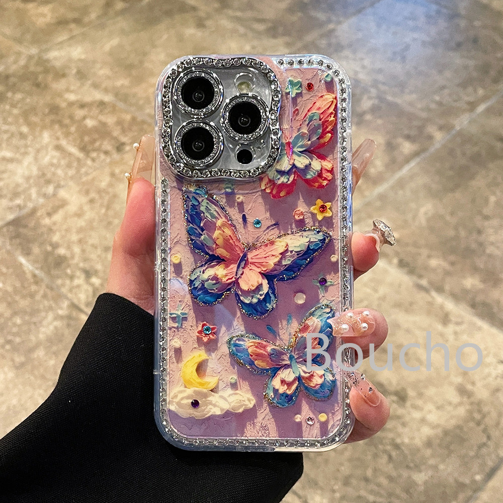 Tranh Sơn Dầu Hoa Bướm Ốp lưng iphone 16 Pro Max 16 15 14 Plus 13 12 Pro Max 11 16plus 15plus 16pro Quà Tặng Bé Gái Silicon Mềm Thời Trang Điểm Khoan Mặt Sau