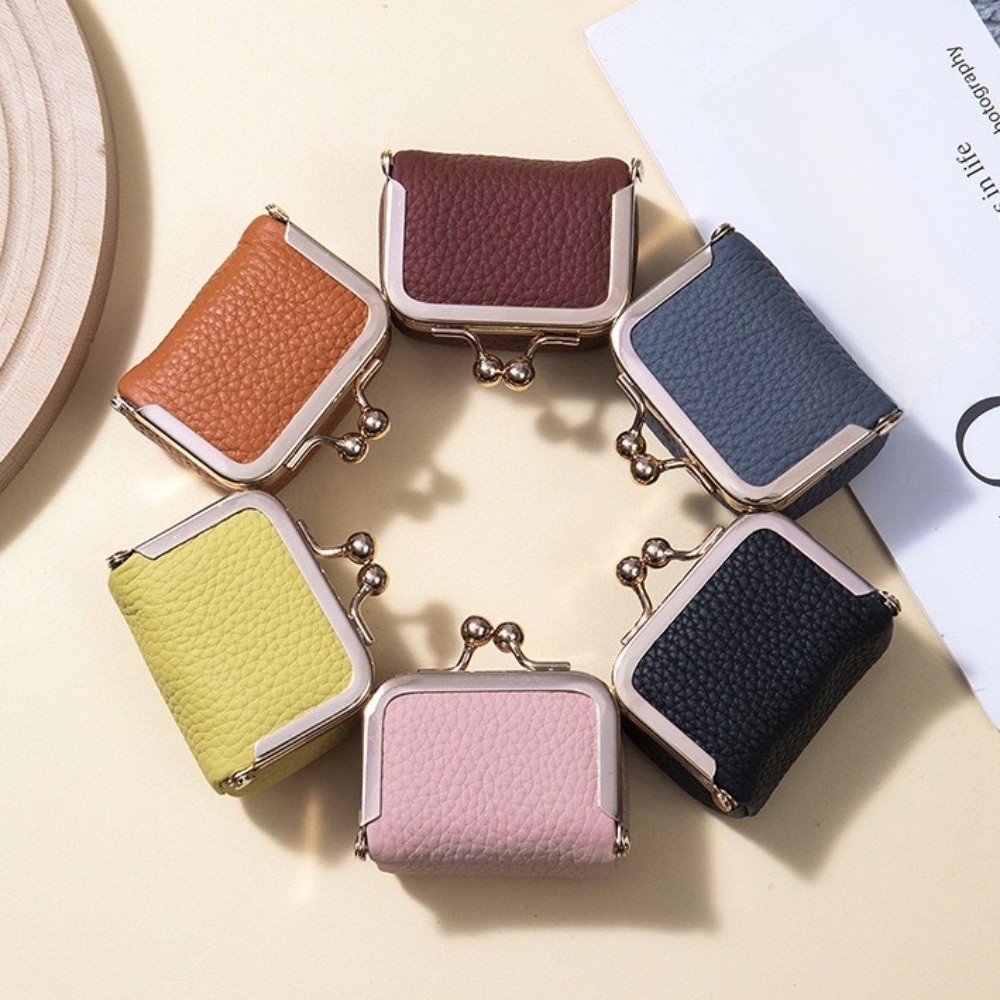 JSJJING Kiss Lock Ví đựng tiền xu, Túi trang sức da vuông bằng da PU, Túi đựng đồ nhỏ đa chức năng màu trơn đơn giản