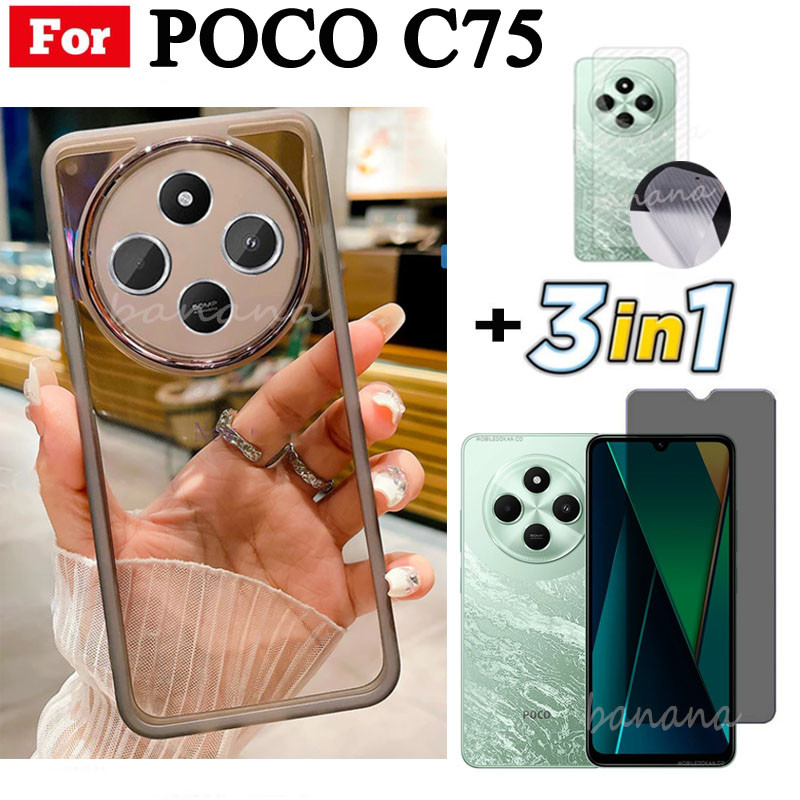 Vỏ điện thoại trong suốt bằng silicon mềm TPU 3 trong 1 Poco C75 C65 C61 có vỏ bảo vệ Camera + Kính cường lực riêng tư + Phim mặt sau