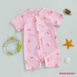 Mg-toddler Girl Rash Guard Đồ bơi anh đào / nơ in dây kéo tay ngắn có khóa kéo lên Bộ đồ tắm