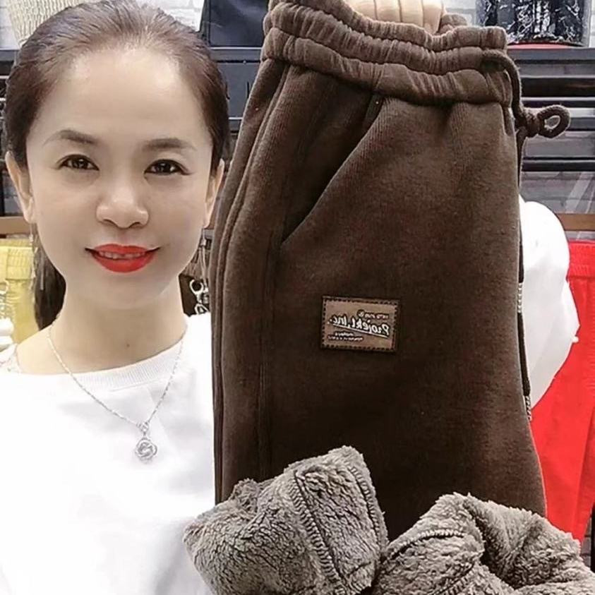 Quần thể thao quần nhung cừu thường ngày bo gấu rộng rãi mẫu mới thu đông năm 2024 cho nữ