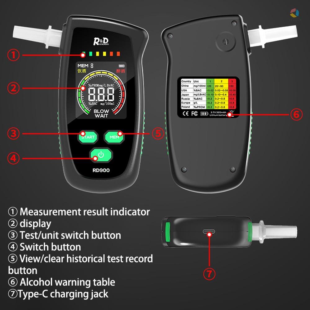 Máy kiểm tra cồn màn hình LED kỹ thuật số di động, đo hơi thở USB, phân tích hơi thở, phát hiện cồn