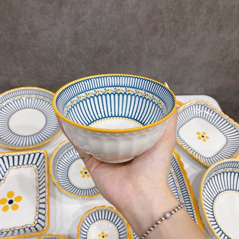 Tách Lẻ Bộ Bát Đĩa Thổ Cẩm  Hoa cúc vàng Nhật Bản Men Sáng Mịn Hàng Đẹp