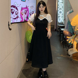 M-4XL Đầm Size Lớn Nữ Ôm Hơn Nhìn Đen Tay Ngắn Một Mảnh Đầm Nơ Phối Ren 2023 Hơi Béo mm Che Thịt Mỏng Hơn Nhìn Khâu Trên Đầu Gối Váy Dài Vừa Lớn