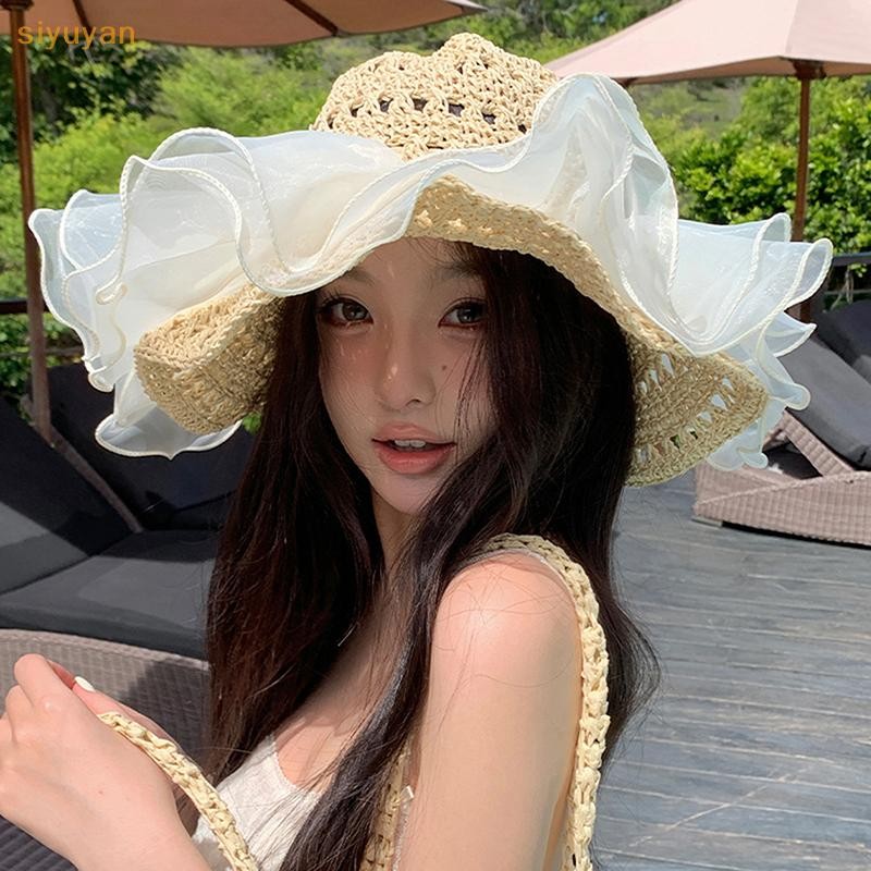 Siyuyan Ngọt Ngào Dễ Thương Anh Đào Ren Cạnh Mũ Rơm Cho Nữ Mùa Hè Rỗng Bên bờ Biển Kỳ Nghỉ Lớn Vành Che Nắng Mũ Chống Nắng Thời Trang VN