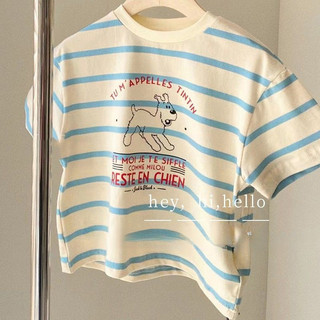 Áo thun ngắn tay trẻ em mùa hè mới, cotton nguyên chất, phong cách Hàn Quốc, in hình chó sọc, áo rộng cho bé trai và bé gái