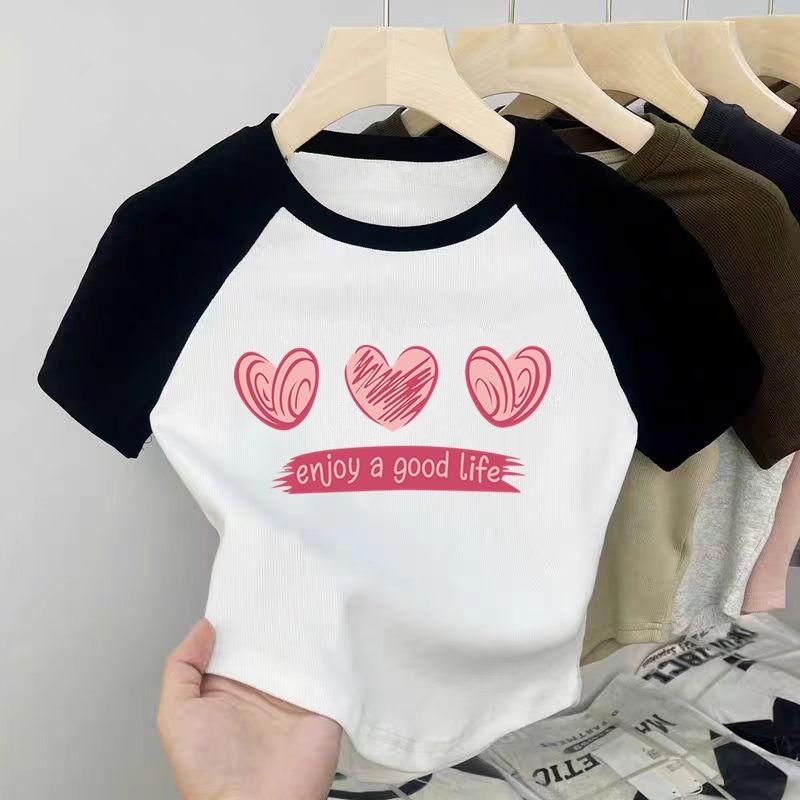 Áo thun Cotton hợp thời trang 2025 cho bé gái Khối màu Raglan Áo sơ mi ngắn tay mùa hè cho trẻ em