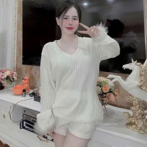 Set Bộ Cổ Tim Lông Tay  Ngắn KCloset Quần Short Mix Áo Thun Dài Tay Vải Cotton Mềm Mịn Nữ Tính