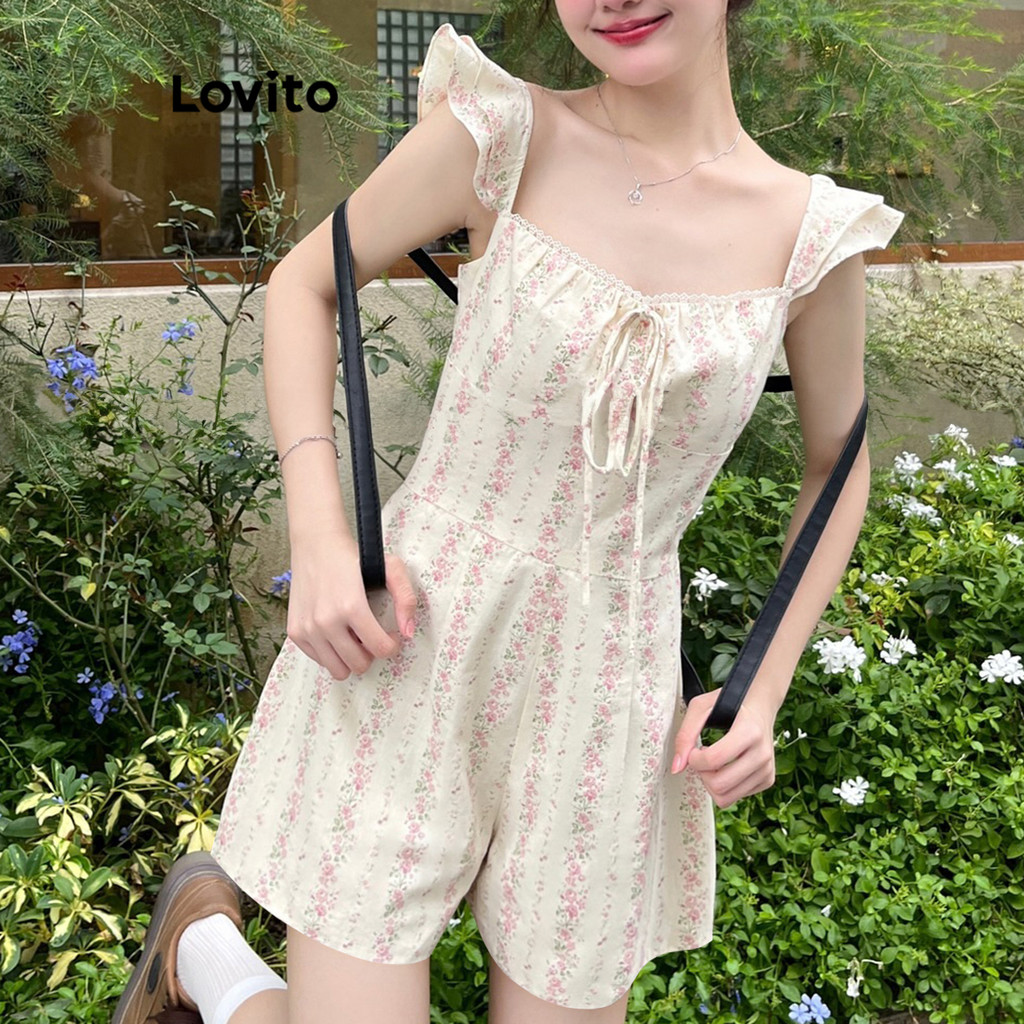 Ảnh Lovito Bộ đồ liền thân cổ bèo nhún họa tiết hoa giản dị dành cho nữ L112ED709 1