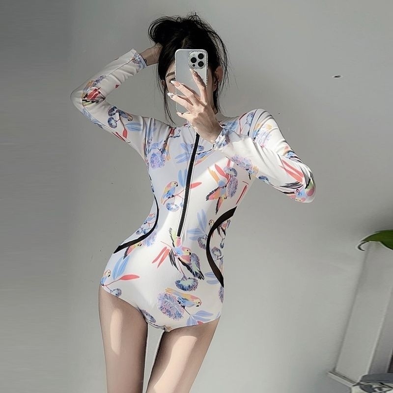 Đồ bơi nữ ôm sát bụng, kiểm soát bụng, một mảnh bảo vệ nắng, tay dài, có khóa kéo, đồ bơi thể thao suối nước nóng