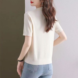 Mùa hè Phong Cách Mới Ve Áo Dệt Kim Áo Thun Nữ Tay Ngắn Nữ Tay Ngắn Nữ Mỏng Phong Cách Ice Silk Thời Trang Tuổi @