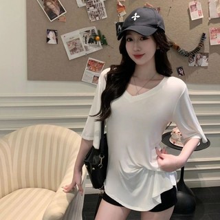 2025 Lười Che Mỡ Cổ Chữ v Thường Ngày Phù Hợp Với Hơi Béo mm Kích Thước Lớn Rời Mỏng Hơn Nhìn Top Mùa Hè Áo Thun Tay Ngắn