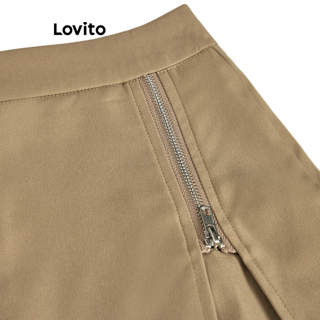 Ảnh Quần short Lovito phối dây kéo xẻ tà màu trơn phong cách preppy cho nữ L59ED161 (Kaki) 3