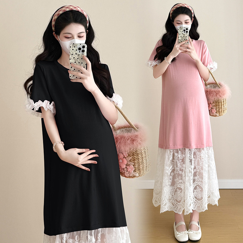 Trang phục bà bầu Mùa hè dệt kim khâu dáng rộng Plus Size Đầm