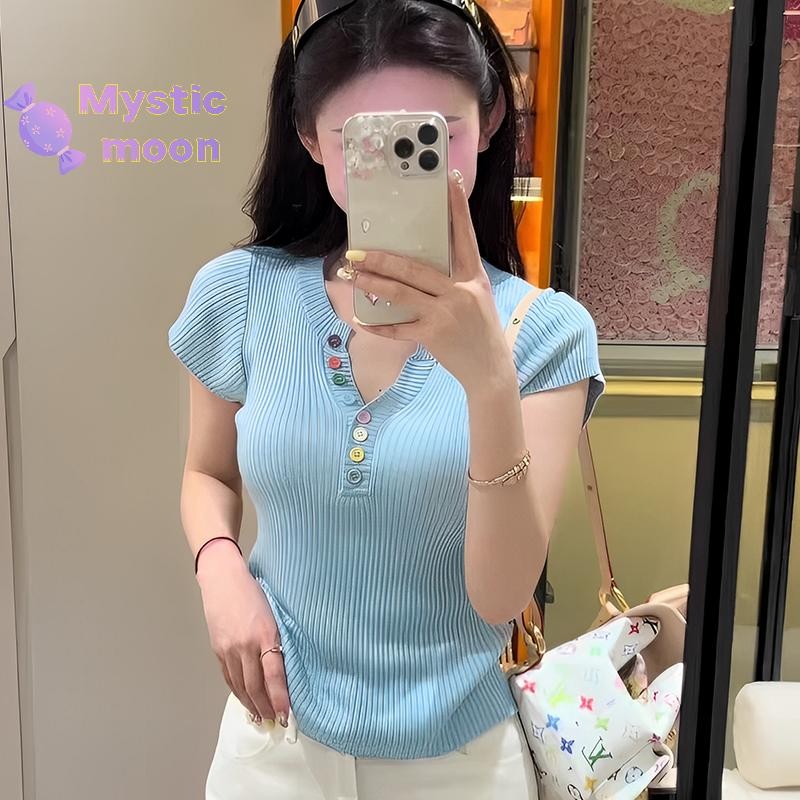 [Huyền bí] Nút đầy màu sắc mùa hè Áo thun dệt kim ngắn tay nửa cổ hở Áo thun nữ tay ngắn [Mới]