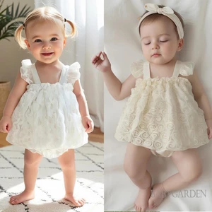 / / -Áo liền quần mùa hè cho bé gái Váy liền quần màu trơn Lưới bay tay áo sơ sinh Quần áo dễ thương