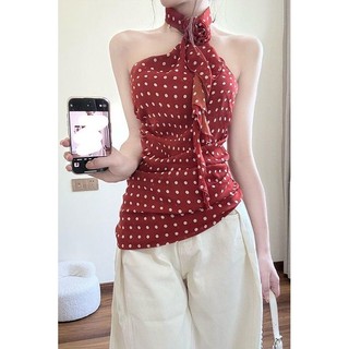 ✨Pháp Ruy Băng Đỏ Hoa Hồng Dây Cổ Voan Áo Sơ Mi Mùa Hè Không Tay Áo Trà Phong Cách Top 25.4.24