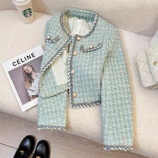 Xanh Pháp Tinh Tế Tweed Nhỏ Hương Thơm Ngắn Áo Khoác Nữ Thu Đông 2024 Phong Cách Mới Nhỏ Thời Trang Hàng Đầu Hợp Thời Trang
