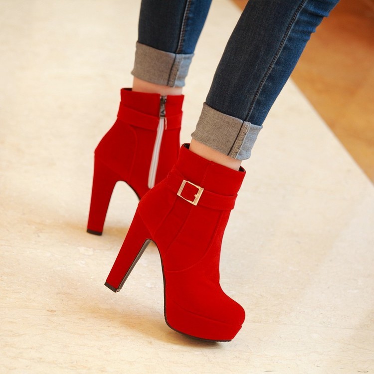 Size 34-43 Da Lộn Dày Gót Đen Giày Bốt Ngắn Martin Đỏ Giày Cưới Phiên Bản Hàn Quốc Giày Cao Gót Nữ