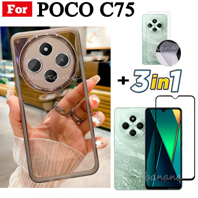 Vỏ điện thoại trong suốt bằng silicon mềm TPU 3 trong 1 Poco C75 C65 C61 có vỏ bảo vệ Camera + Kính cường lực riêng tư + Phim mặt sau