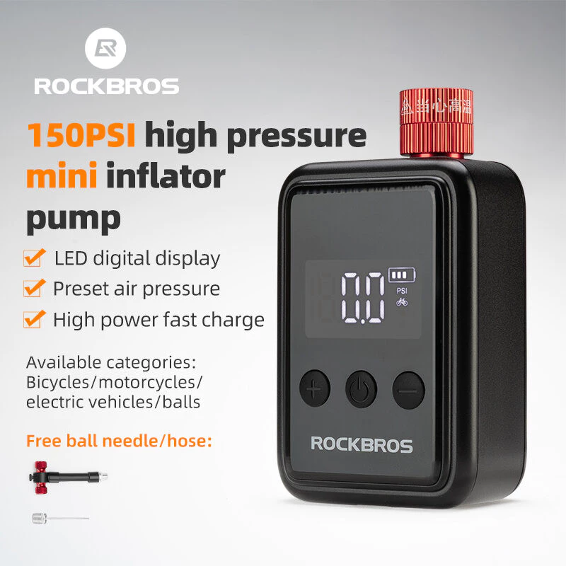 Rockbros Máy Bơm Mini Điện Có Đồng Hồ Đo 150PSI Nhẹ AV / FV Sạc Nhanh Hợp Kim Nhôm Xe Đạp Điện Nhỏ Máy Bơm Không Khí MTB Xe Đạp Đường Bộ Phụ Kiện — ảnh 1