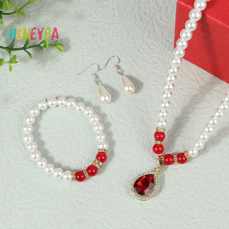 < Honeyba > Bộ trang sức ngọc trai thời trang cổ điển dành cho nữ Vòng cổ Bông tai Bộ vòng tay Tiệc cưới Trang sức Quà tặng Pendientes