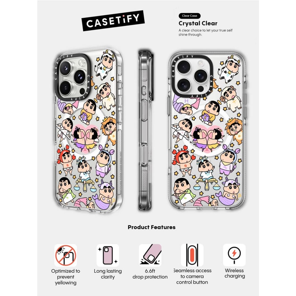 Casetify X Shin-chan Dán Ốp Lưng Hút Từ Tính Trong Suốt Tác Động Cho iPhone 16 / 15 / 14 / 13 Pro Max | Mặt sau Acrylic bảo vệ quân sự với bao bì cao cấp