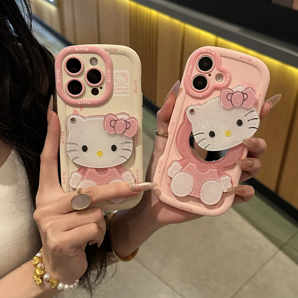 Ốp điện thoại gương trang điểm mèo màu hồng cho iPhone 11 12Pro 13 14Plus 15Pro Max 16Plus 16Pro XR XS Max 7 8Plus Vỏ điện thoại mùa hè đứng dễ thương JKP