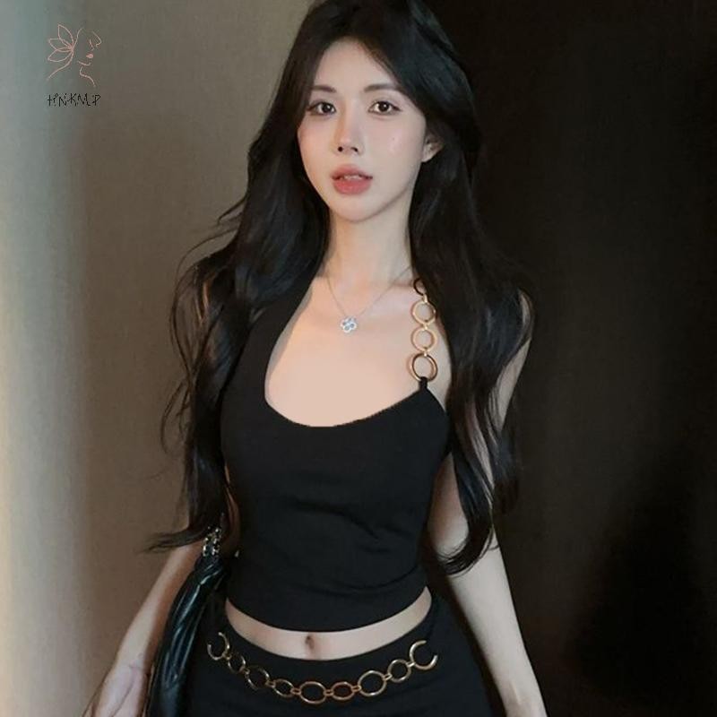 Hnkmp Mùa Hè Hot Girl Thời Trang Sang Trọng Nhẫn Kim Loại Dây Cổ Không Tay Slim Camisole.