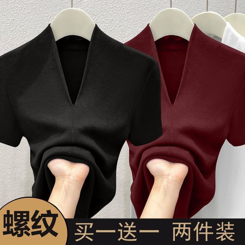 Áo thun nữ mùa hè 2026 retro mới cổ chữ V giảm béo ren thời trang dáng rộng thường ngày