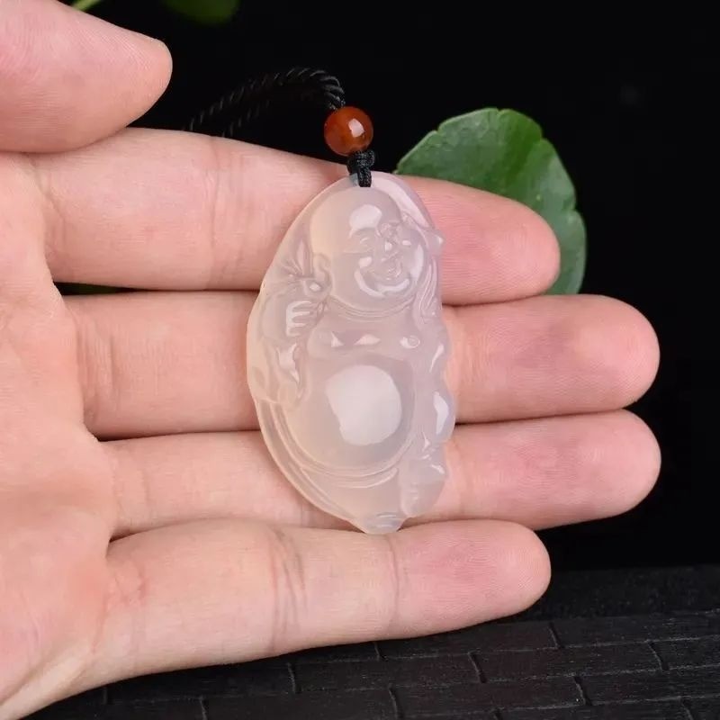 Mã Não Tự Nhiên Băng Trắng Chalcedony Túi Vải Phật Mặt Dây Chuyền Nữ Phong Cách Áo Len Dây Chuyền Mặt Dây Chuyền