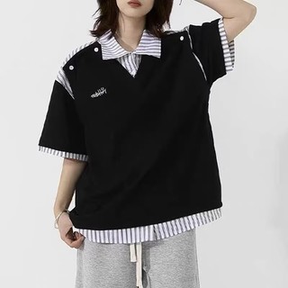 Áo Sơ Mi Sọc Chắp Vá Giả Hai Mảnh Tay Ngắn Áo Unisex Mùa Hè Đại Học Phong Cách Rời Áo Sơ Mi Polo Thường Ngày