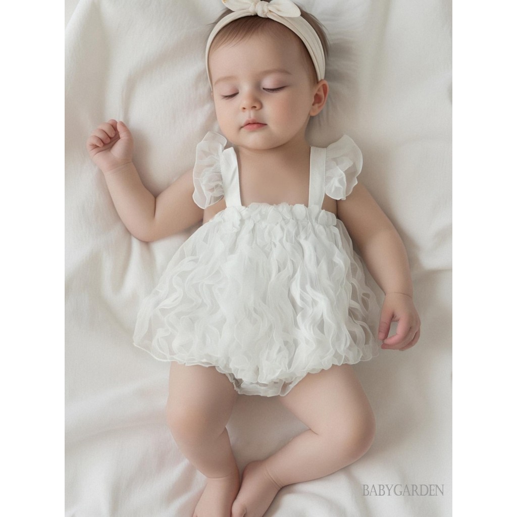 / / -Áo liền quần mùa hè cho bé gái Váy liền quần màu trơn Lưới bay tay áo sơ sinh Quần áo dễ thương