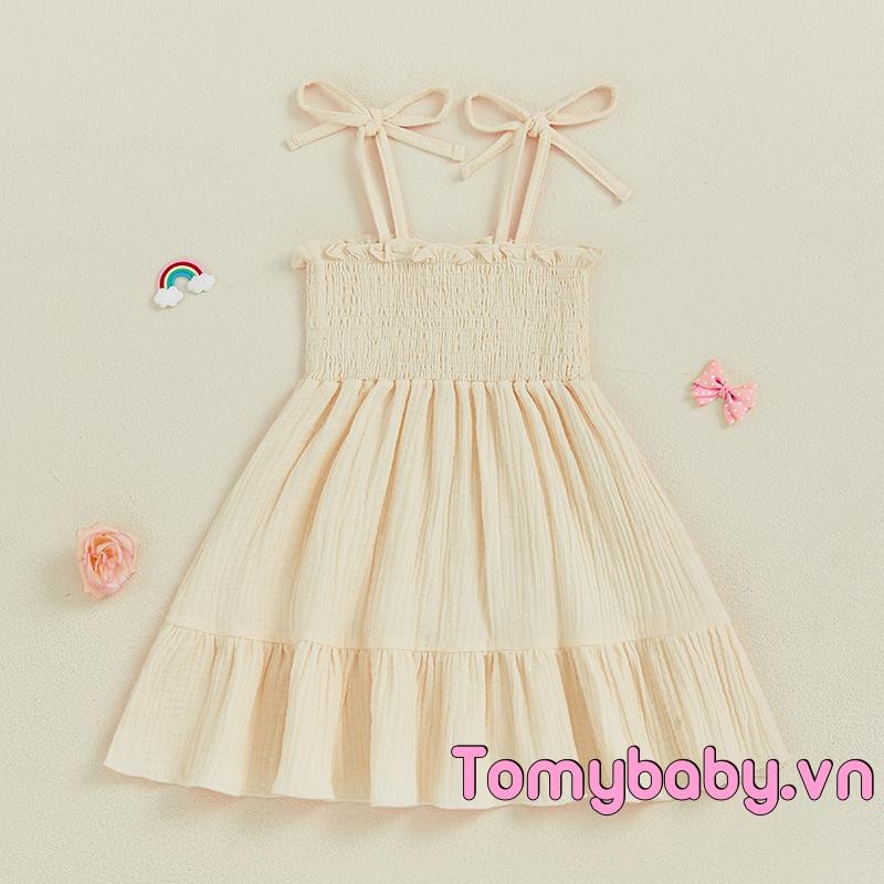 Trẻ Em Bé Gái Thắt Vai Chắc Chắn Smocked Spaghetti Dây Đeo Tầng Xù Váy