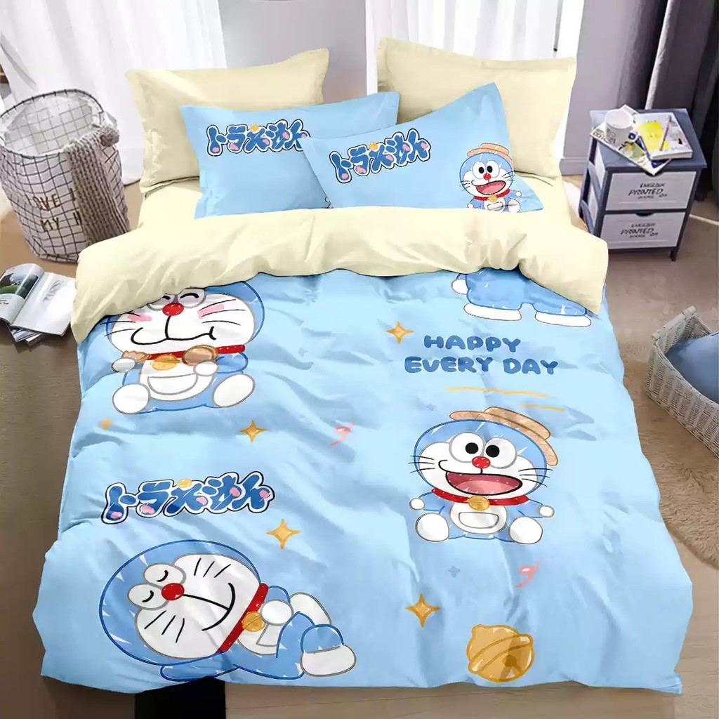 PS1 Doremon Dễ Thương 4IN1 Ga Trải Giường Chăn Gối Phòng Ngủ Bộ Chăn Ga Gối Bé Gái Có Thể Giặt Được Phù Hợp Với SP1