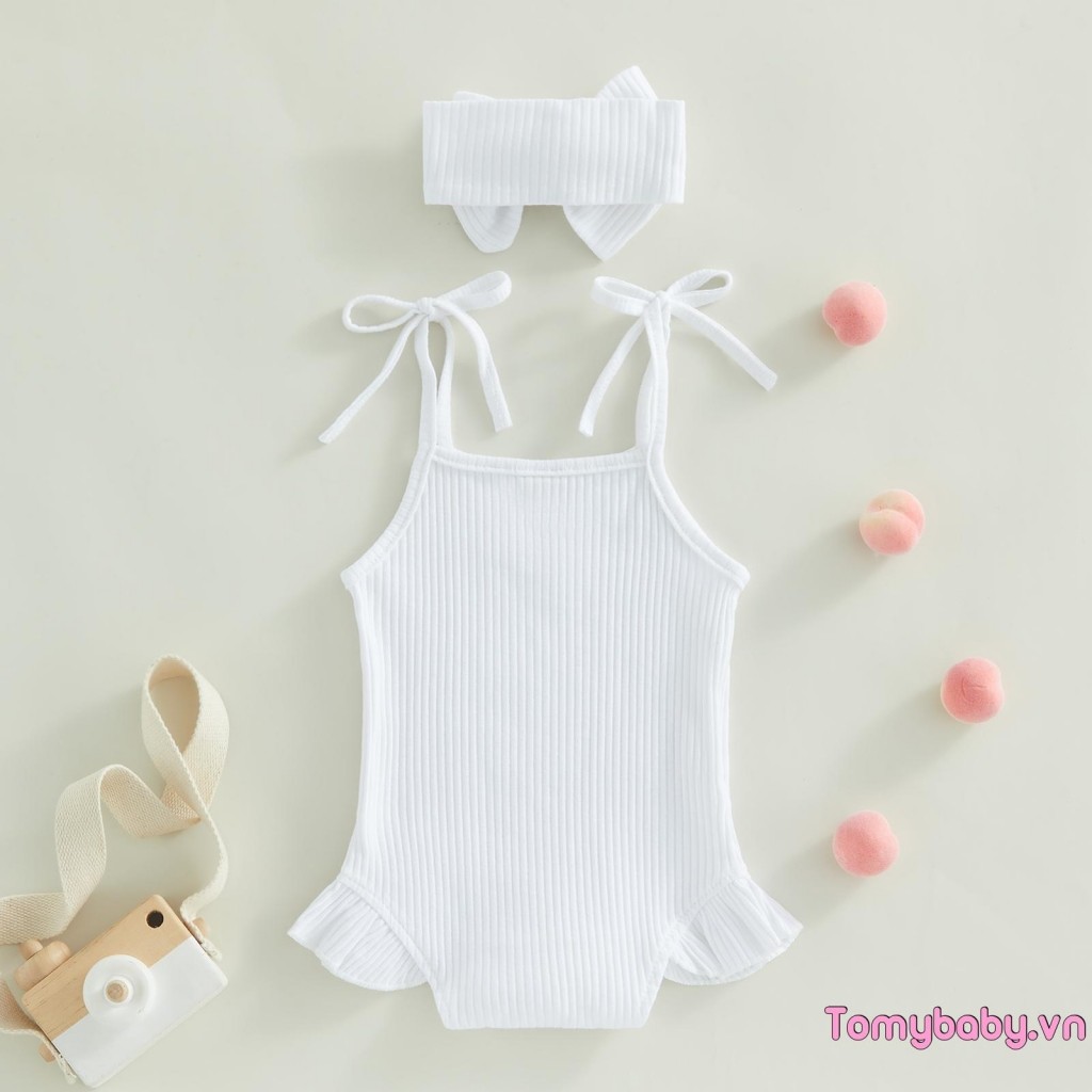 Bộ đồ liền thân không tay có dây buộc và xếp nếp đan gân cho bé gái kèm băng đô