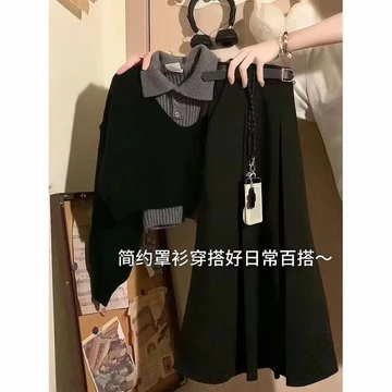 【Bess's house】set đồ nữ mùa đông，set đồ nữ đi chơi，set quần áo nữ，Mùa Thu Một Bộ Nữ 2024 Mới Trẻ Thời Trang Áo Len Ngắn Đa Năng Váy Xếp Ly Hai Mảnh Bộ，set váy nữ，đồ bộ thu đông nữ，đồ bộ nữ sang c