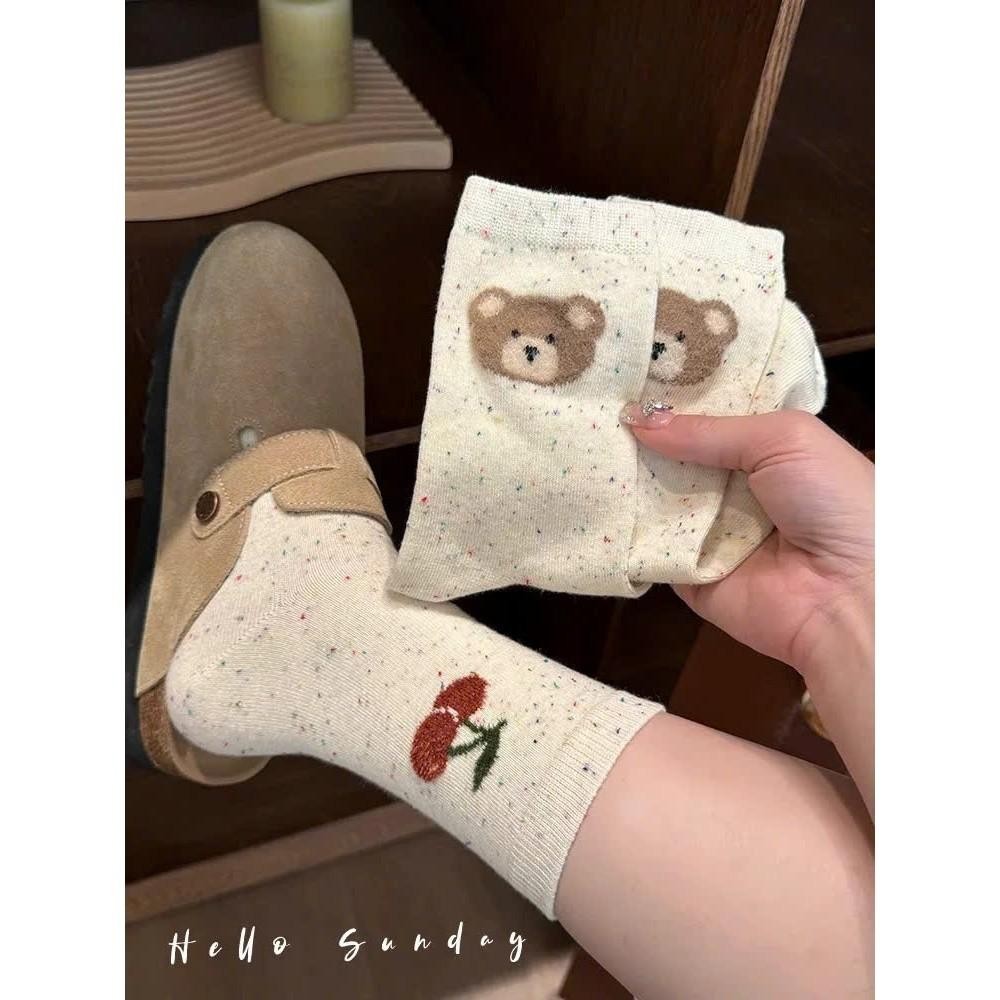 Set 10 Đôi Tất nữ cổ cao Màu Muối Tiêu Họa Tiết GẤU NƠ CHERRY siêu xinh