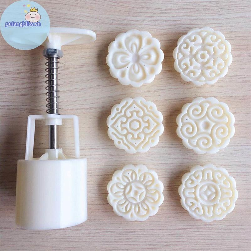 Pufangbliss 6 Cái / bộ Khuôn Bánh Trung Thu Hình Hoa Khuôn Bánh Áp Lực Tay Fondant Mặt Trăng VN